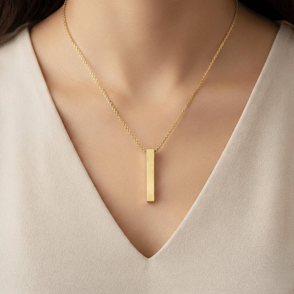 women gold bar necklace vertical pendant worn