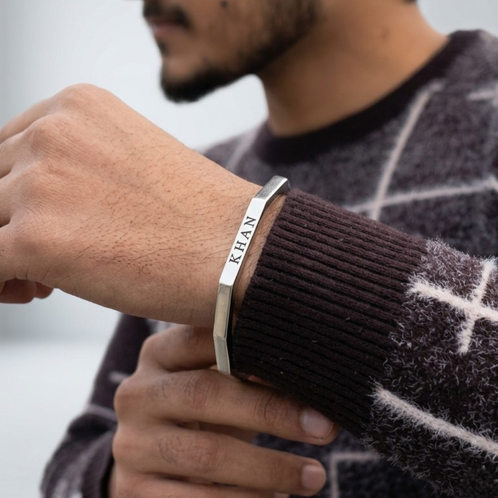 Silver Geometric Cuff Bracelet | Personalised Men's Steel Bangle
