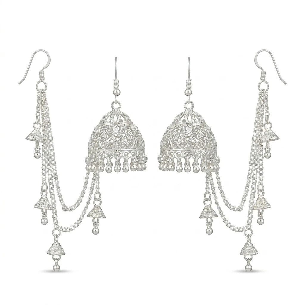 Gold Jhumka Earrings | Traditional Dome Earrings with Chain Tassels