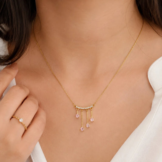 Pink Zirconia Fringe Necklace | Gold Bar Pendant Women's Necklace