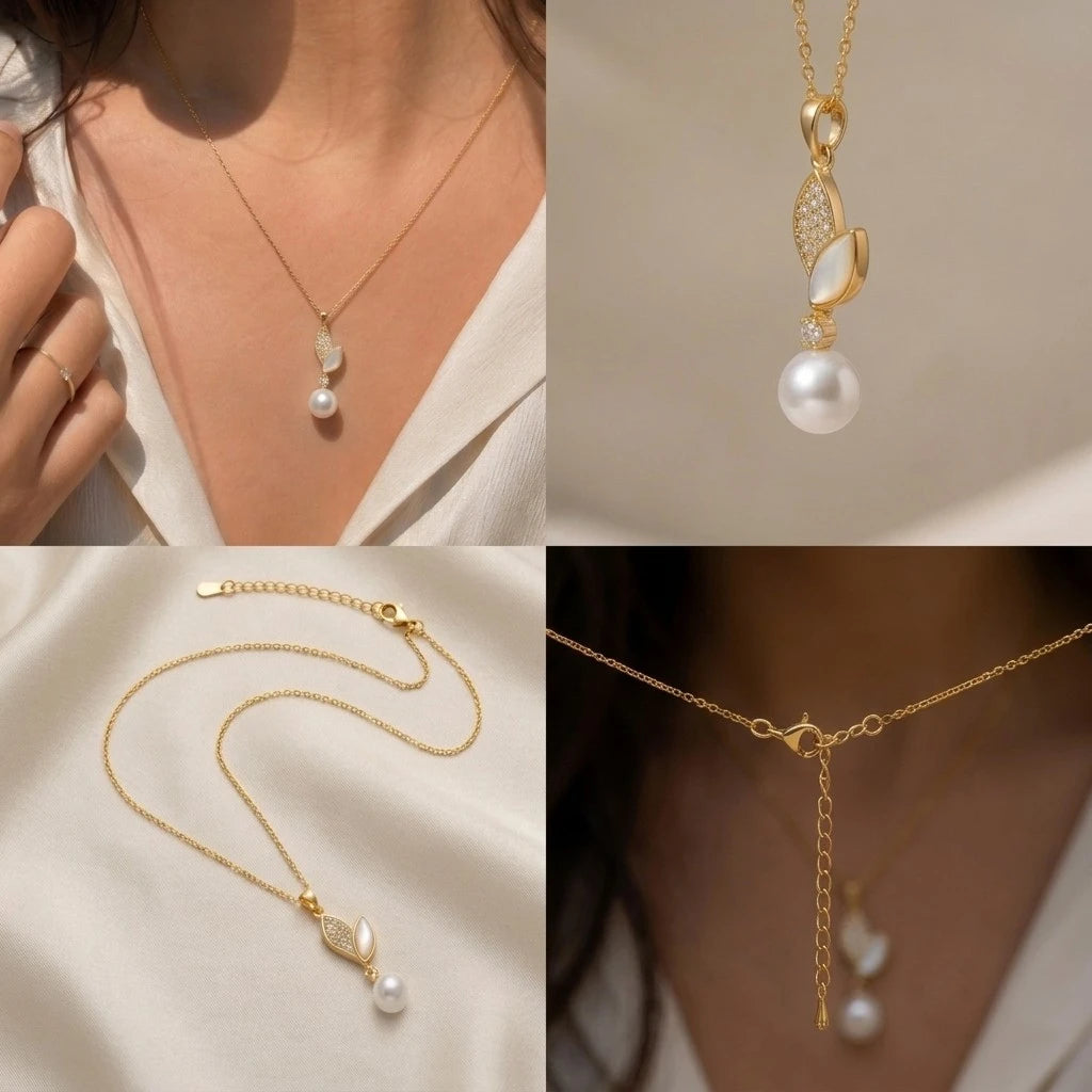 Gold Leaf Pearl Pendant Necklace | Two-Tone CZ Women's Necklace