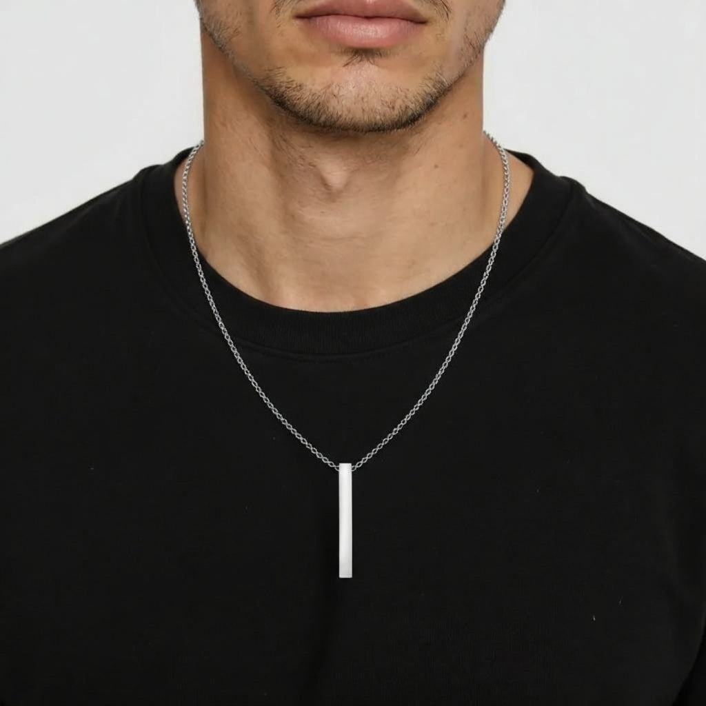 Men’s silver bar necklace vertical pendant worn