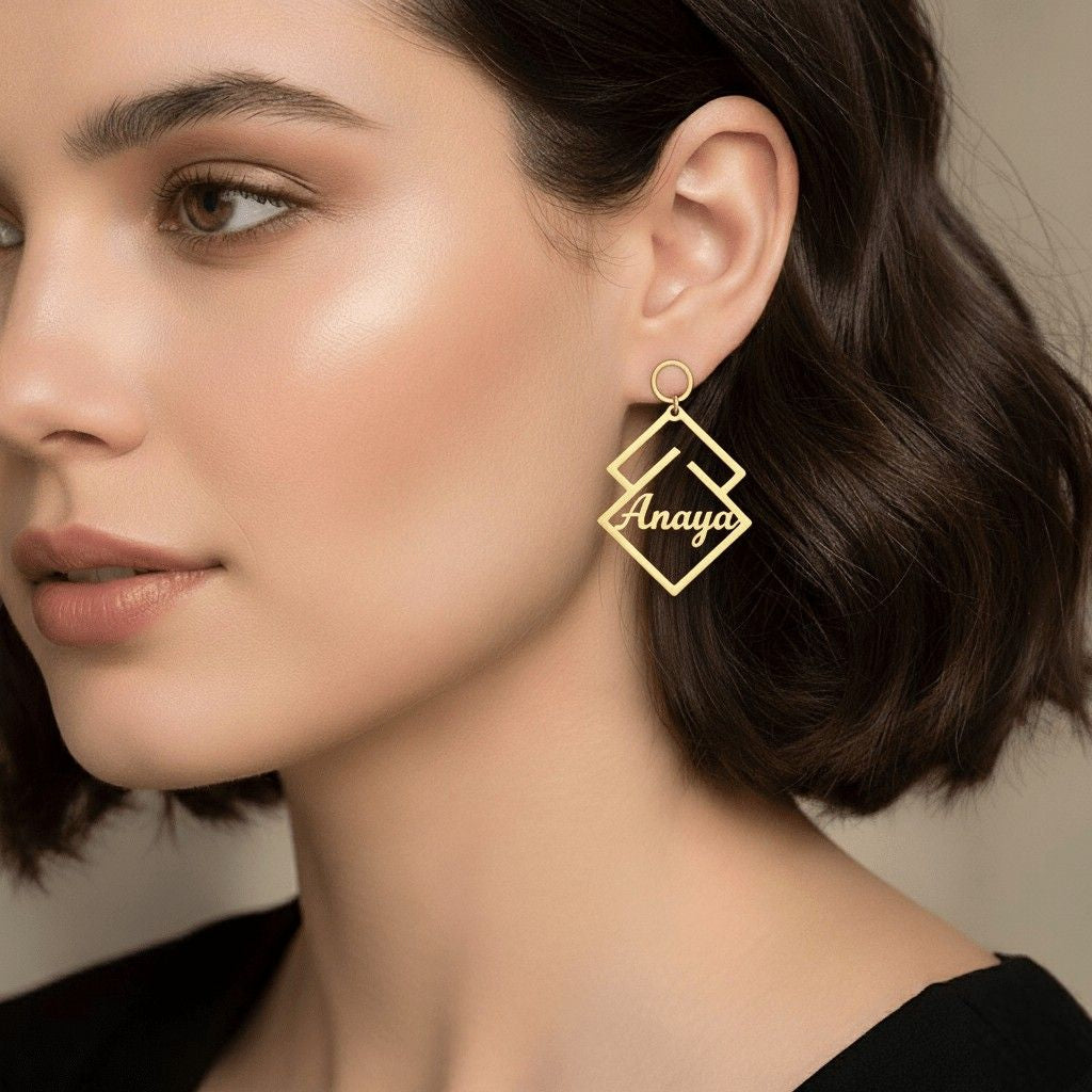 custom geometric name earrings woman's