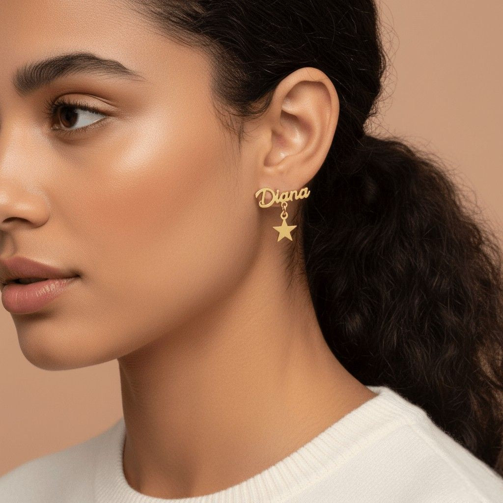 womans name star drop stud earrings