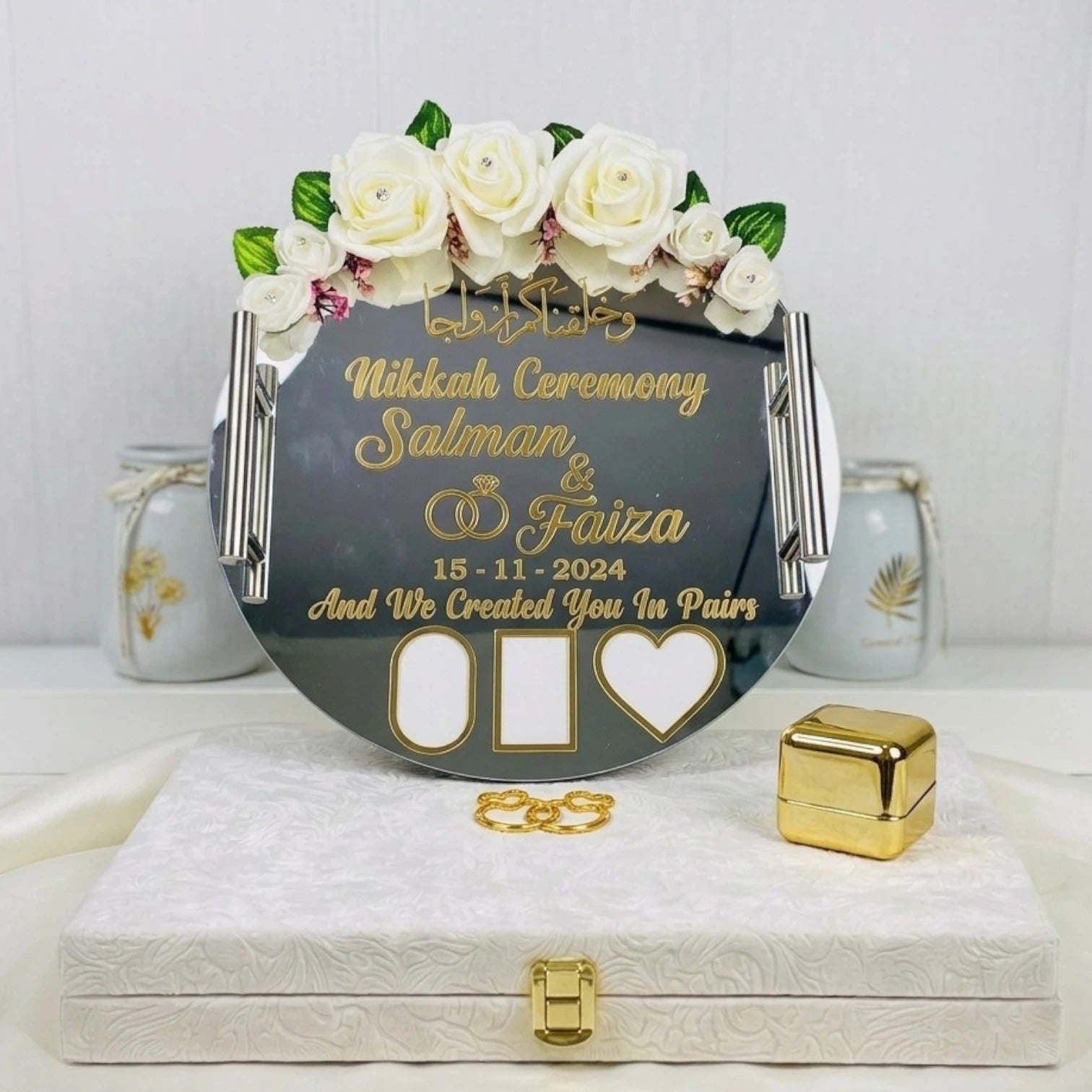 Custom Nikah Ceremony Mirror Plate with Flowers – Personalized Islamic Wedding Tray | Couple Names Date & Quran Verse Gift