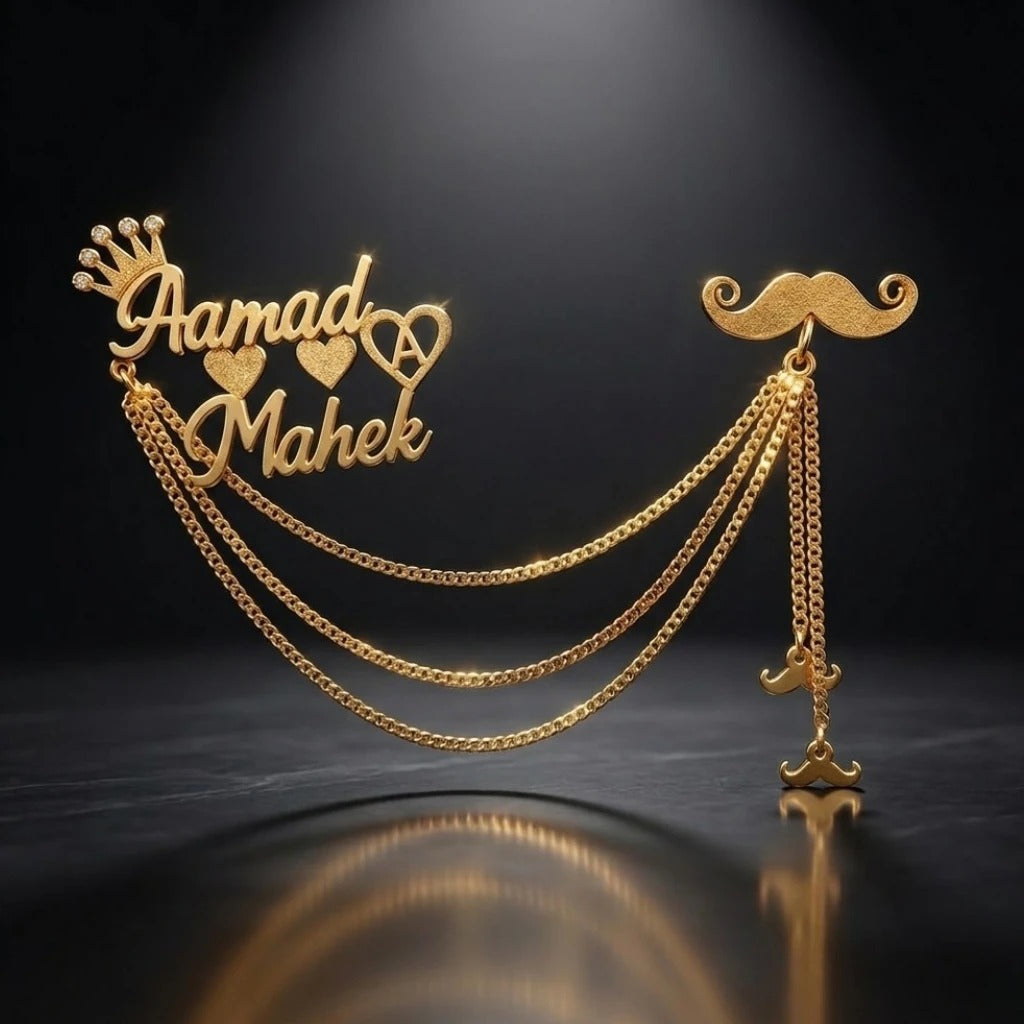Custom Couple Name Groom Brooch with Chain – Personalized Wedding Sherwani Brooch | Gold Name Lapel Pin for Groom