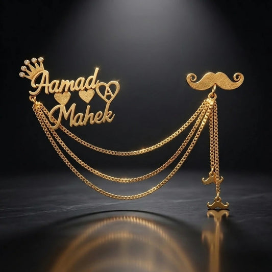 Custom Couple Name Groom Brooch with Chain – Personalized Wedding Sherwani Brooch | Gold Name Lapel Pin for Groom