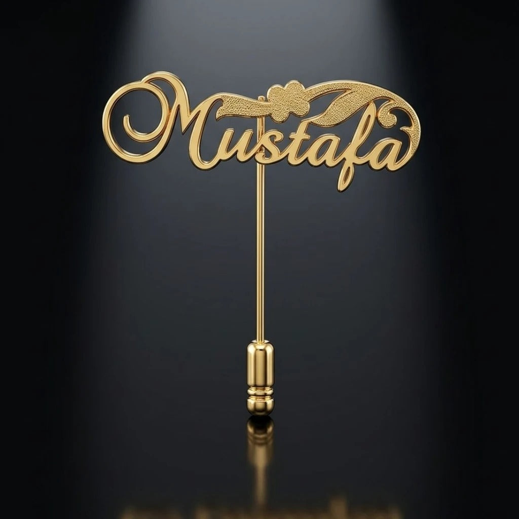 Custom Name Cursive Script Coat Pin – Personalized Gold Lapel Pin | Decorative Name Brooch for Men