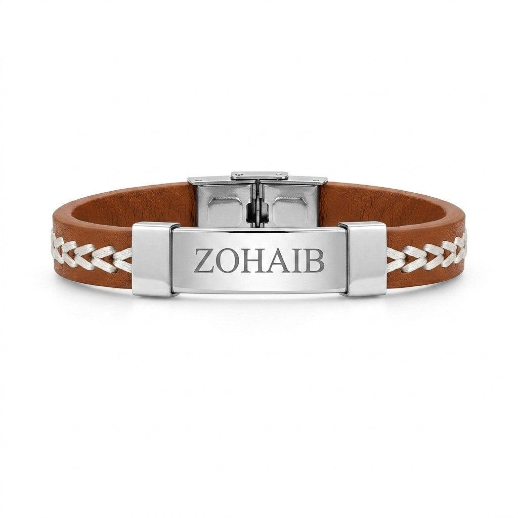 braided leather steel id bracelet