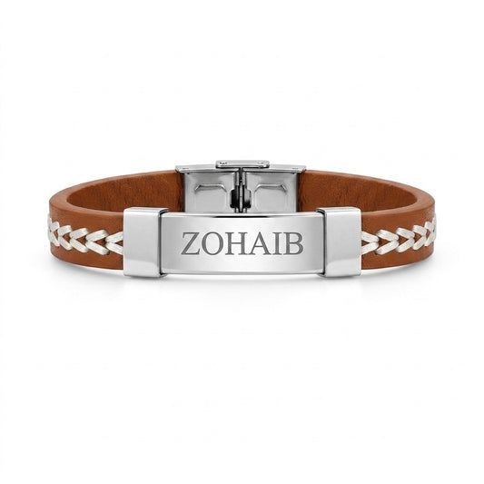 braided leather steel id bracelet