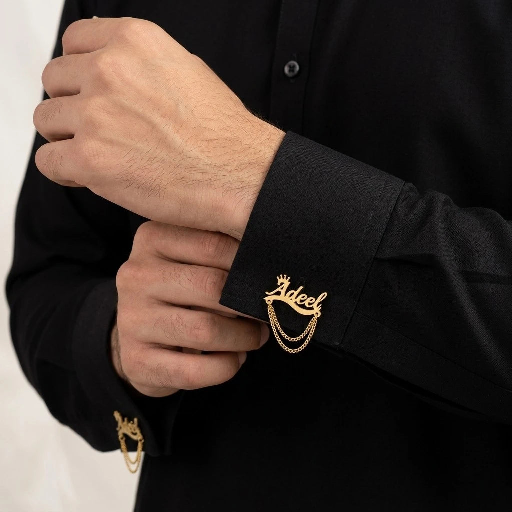 Custom Name Chain Cufflinks | Gold Crown & Drape Chain Groom Cufflinks