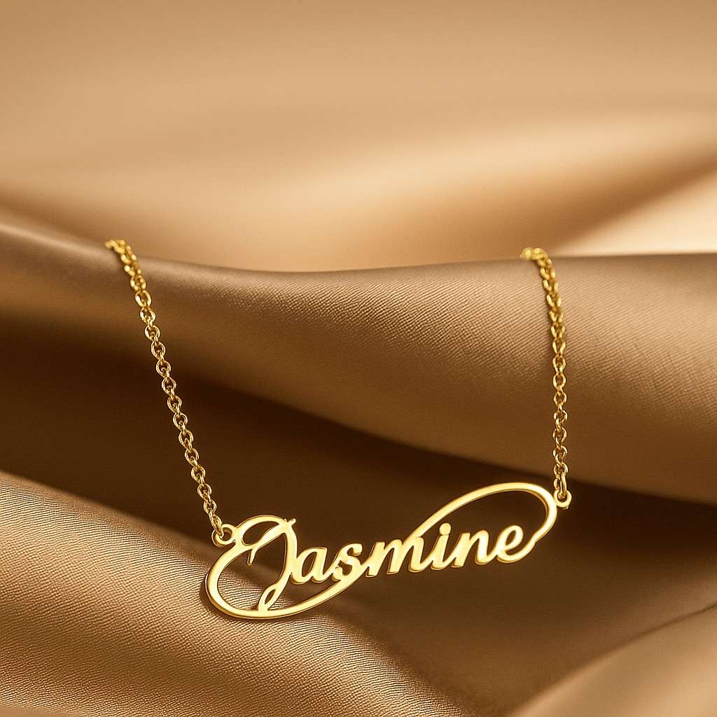 Personalized infinity sign name necklace with Jasmine cursive pendant in gold finish on delicate chain