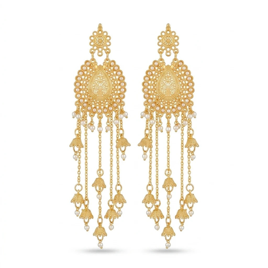 kashmiri Jhumka long gold paisley jhumka chandelier earrings