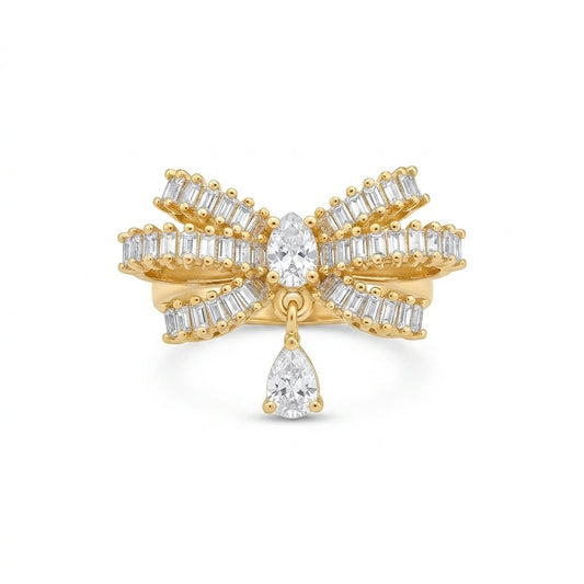 gold butterfly bow baguette ring women