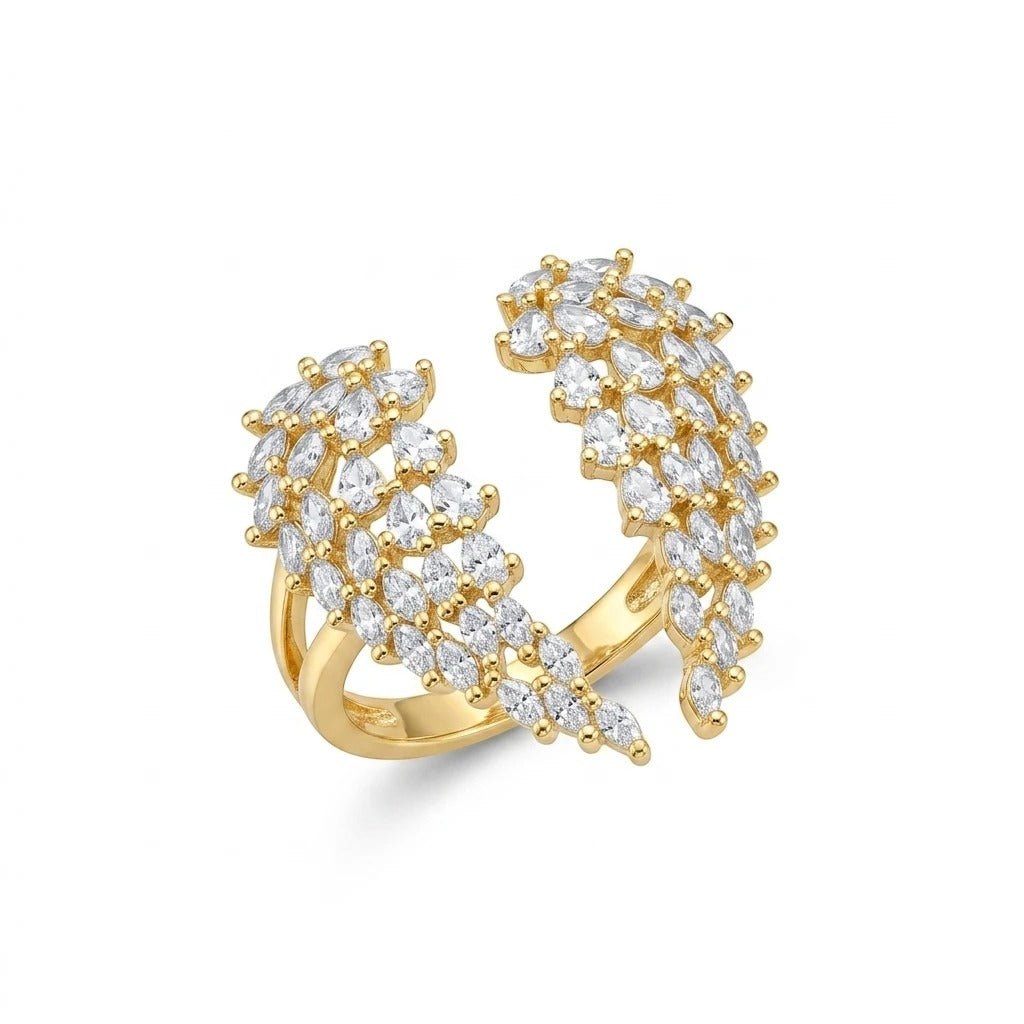 Women Double Feather Open Cuff Ring-Gold