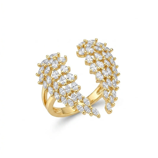 Women Double Feather Open Cuff Ring-Gold
