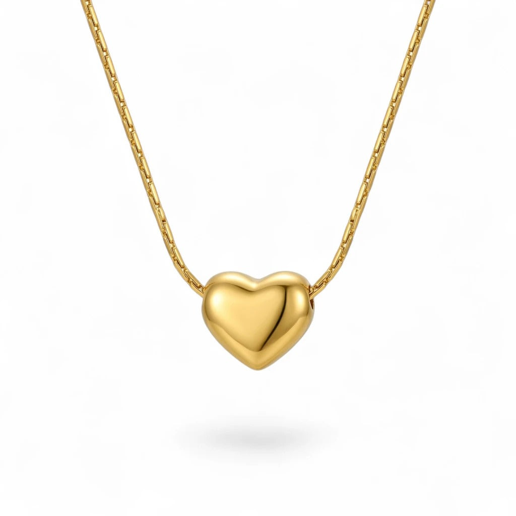 solid gold puffed heart box chain necklace