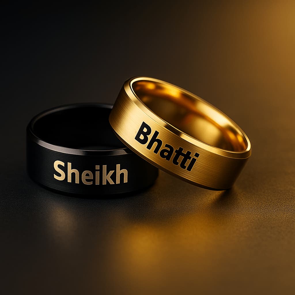 Personalized Couple Name Rings Gold and Black Engraved Bands