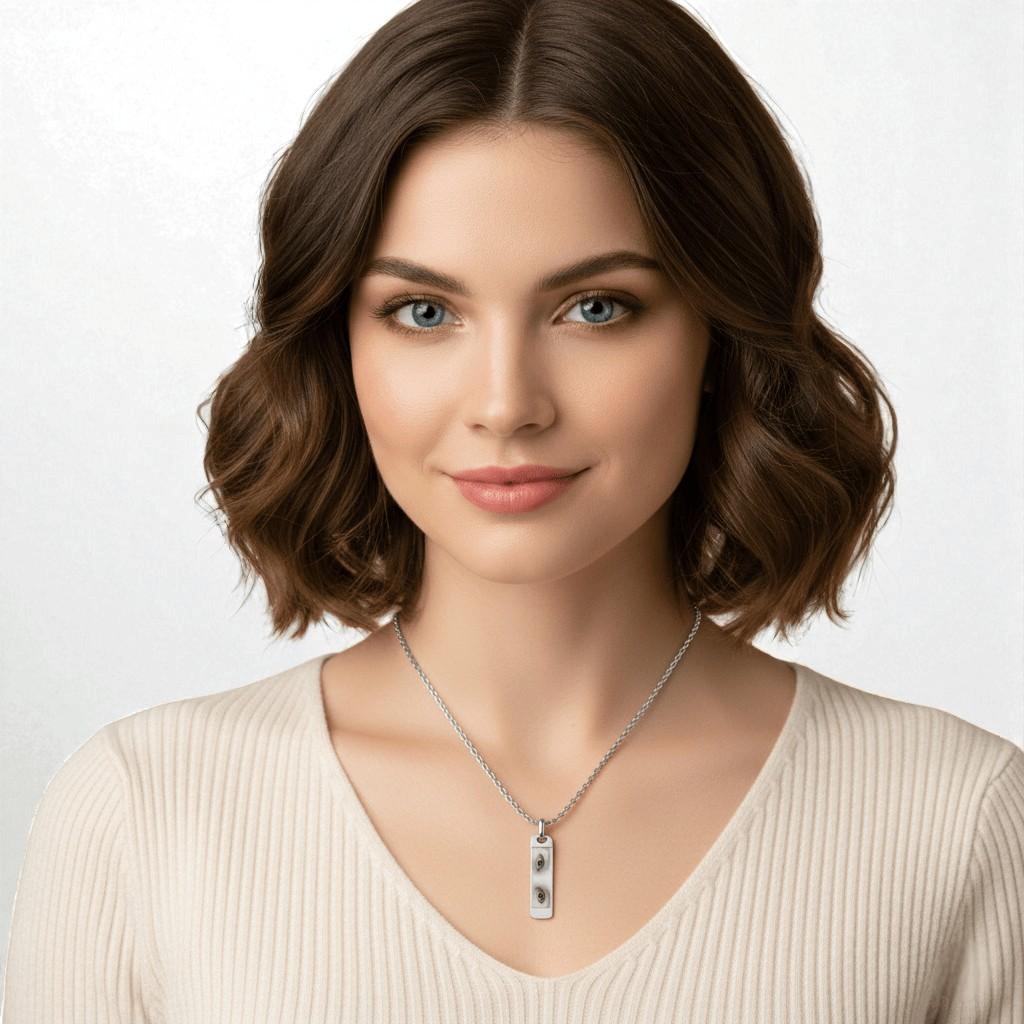 Custom photo eyes necklace for women, personalized silver rectangular pendant with engraved eye portraits