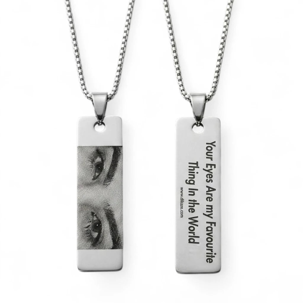 Personalized Eye Photo Engraved Necklace – Vertical Silver Bar Pendant | Custom Message Memory Jewelry | Diloze Signature Soul-Catching Pendant