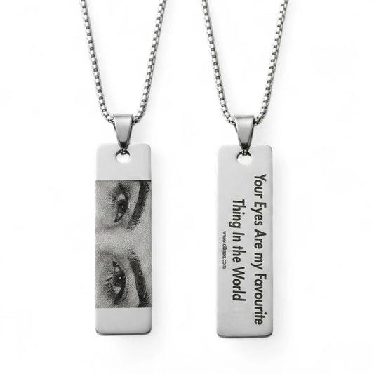 Personalized Eye Photo Engraved Necklace – Vertical Silver Bar Pendant | Custom Message Memory Jewelry | Diloze Signature Soul-Catching Pendant