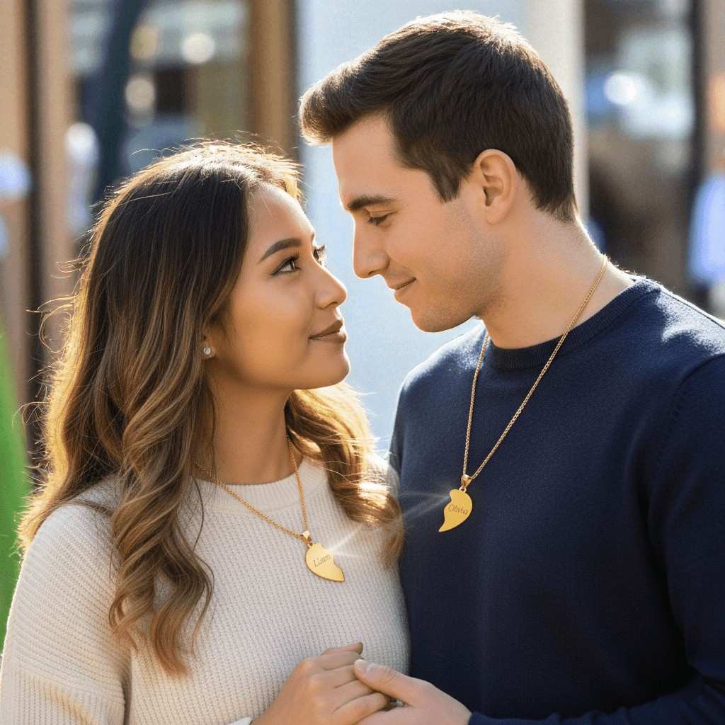 Couple wearing matching gold broken magnetic heart necklaces engraved with names