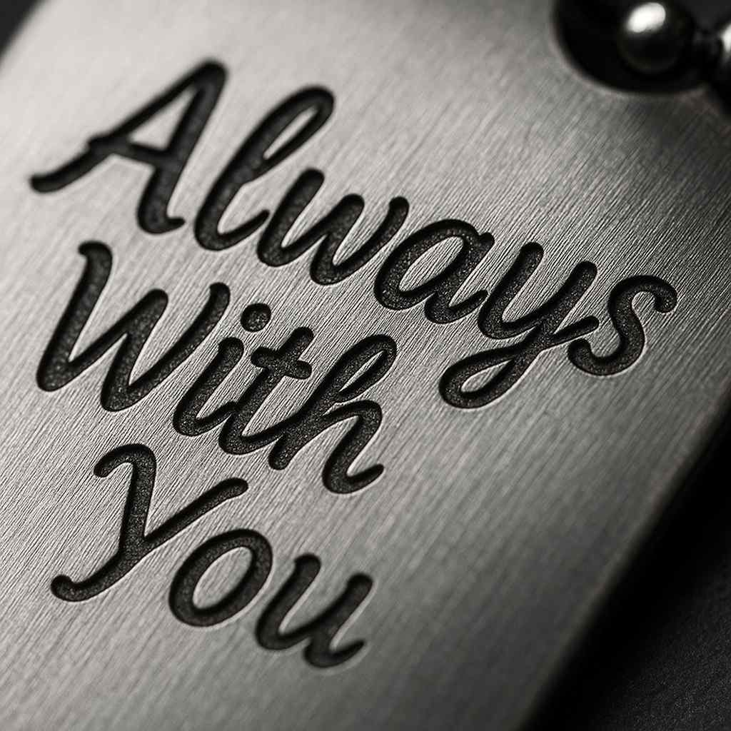 Close-up of engraved dog tag necklace with Always With You message