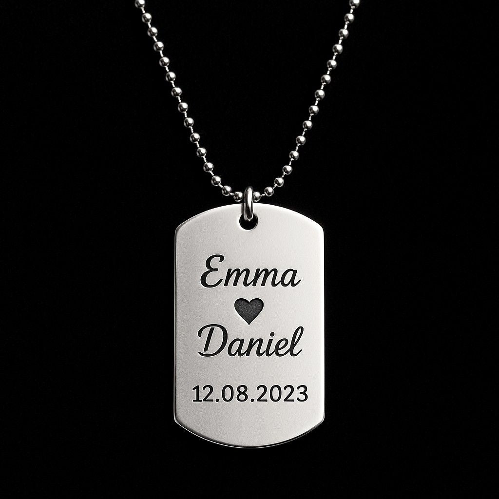 Personalized dog tag necklace engraved with Emma and Daniel names, date and heart