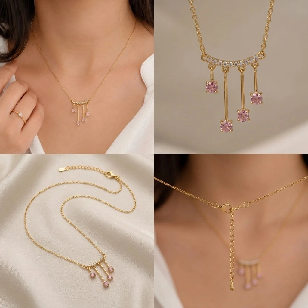 Pink Zirconia Fringe Necklace | Gold Bar Pendant Women's Necklace