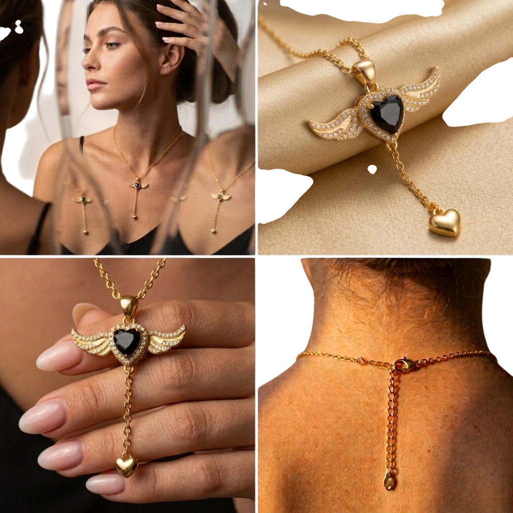 Angel Wing Y-Drop Heart Necklace | Gold Gothic CZ Statement Necklace