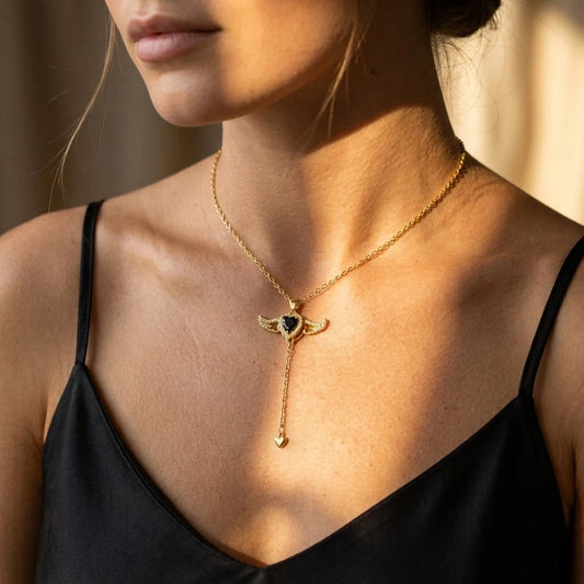 Angel Wing Y-Drop Heart Necklace | Gold Gothic CZ Statement Necklace
