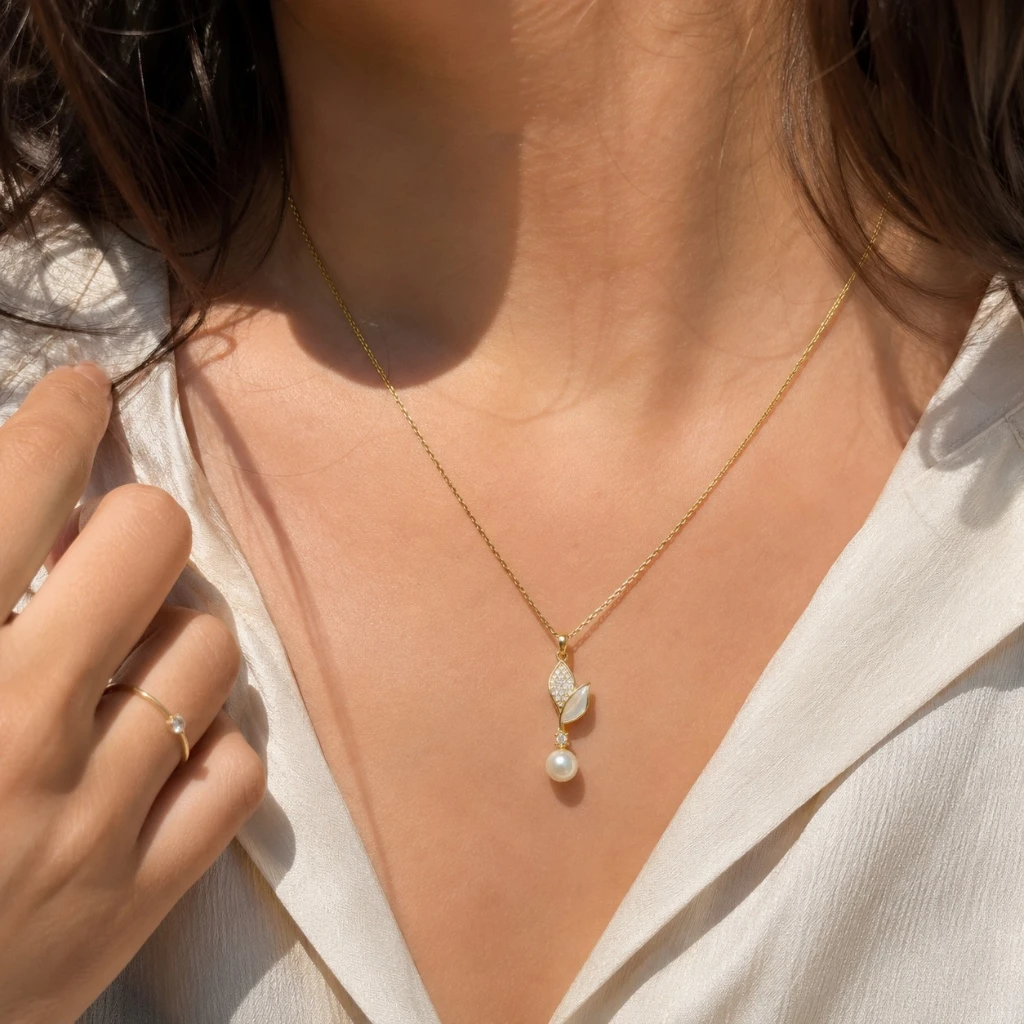 Gold Leaf Pearl Pendant Necklace | Two-Tone CZ Women's Necklace