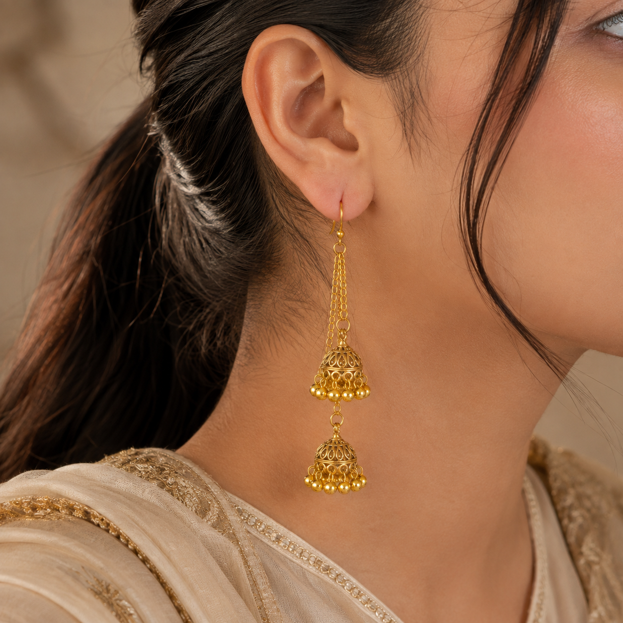 Gold 2-Tier Layered Chain Jhumka Earrings